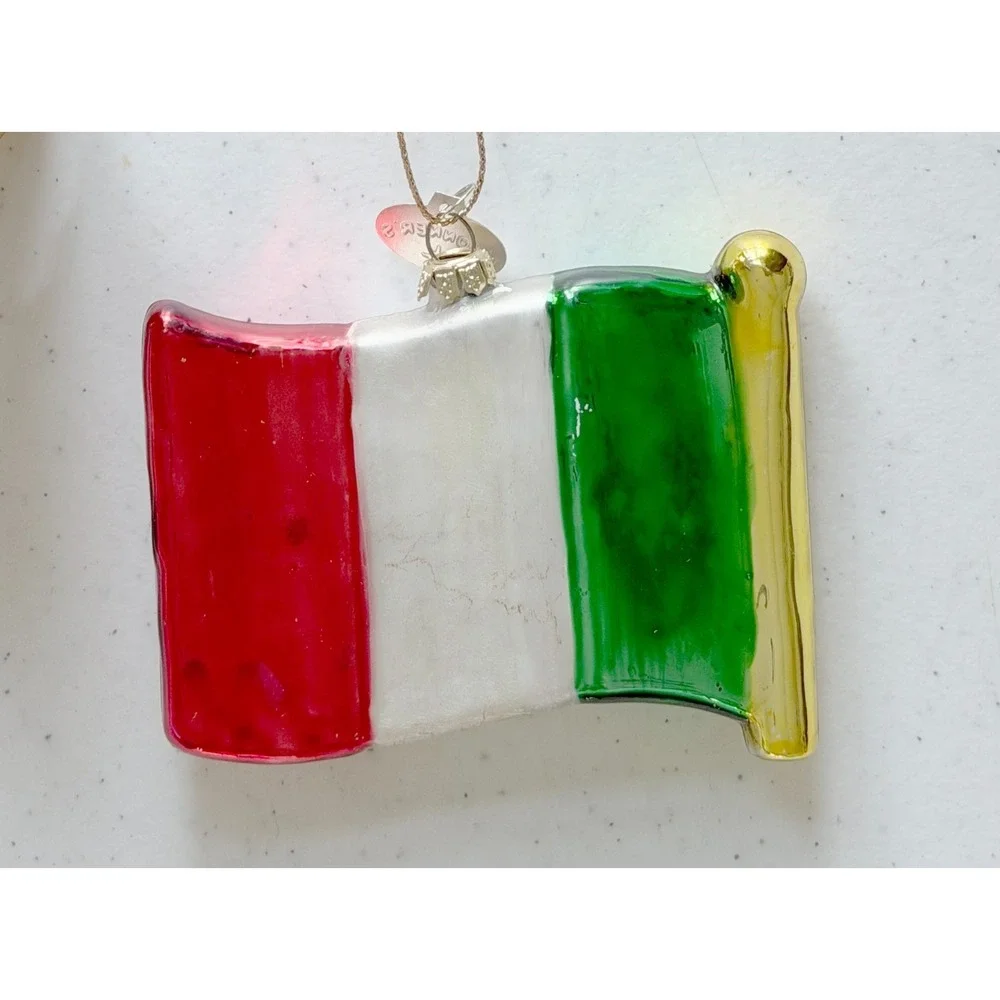 Old World Christmas Chianti Wine Bottle & Italy Flag Blown Glass Set2 Ornaments